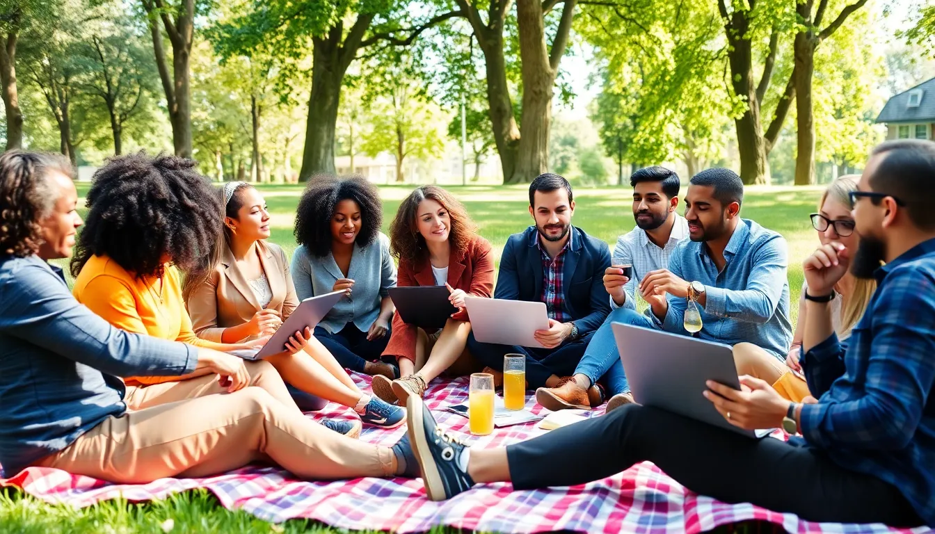 professionals meeting outdoors, showcasing work-life balance.