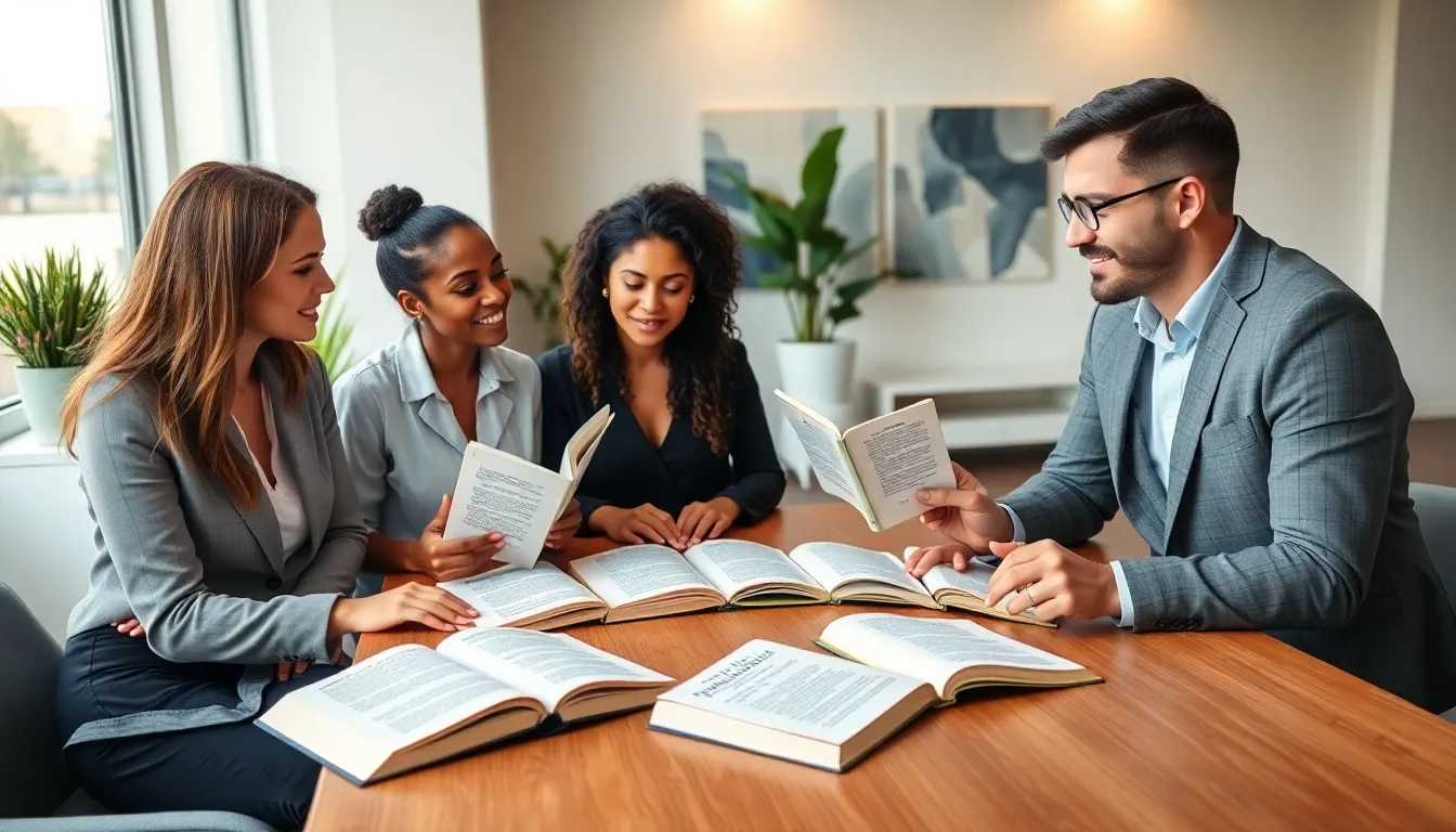 diverse team discussing relationship advice books in a modern office.