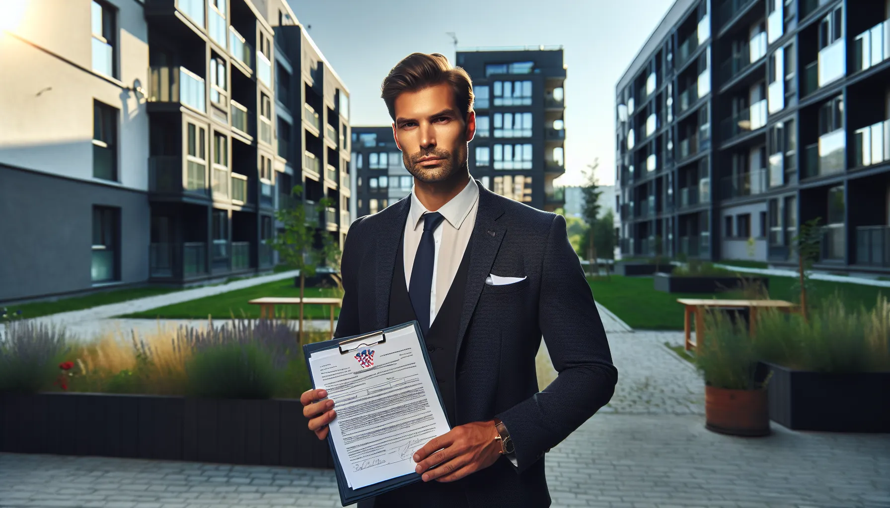 Professional person holding official documents in residential neighborhood setting