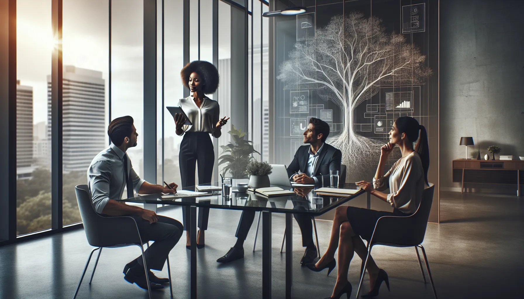 diverse team brainstorming in a modern office setting.