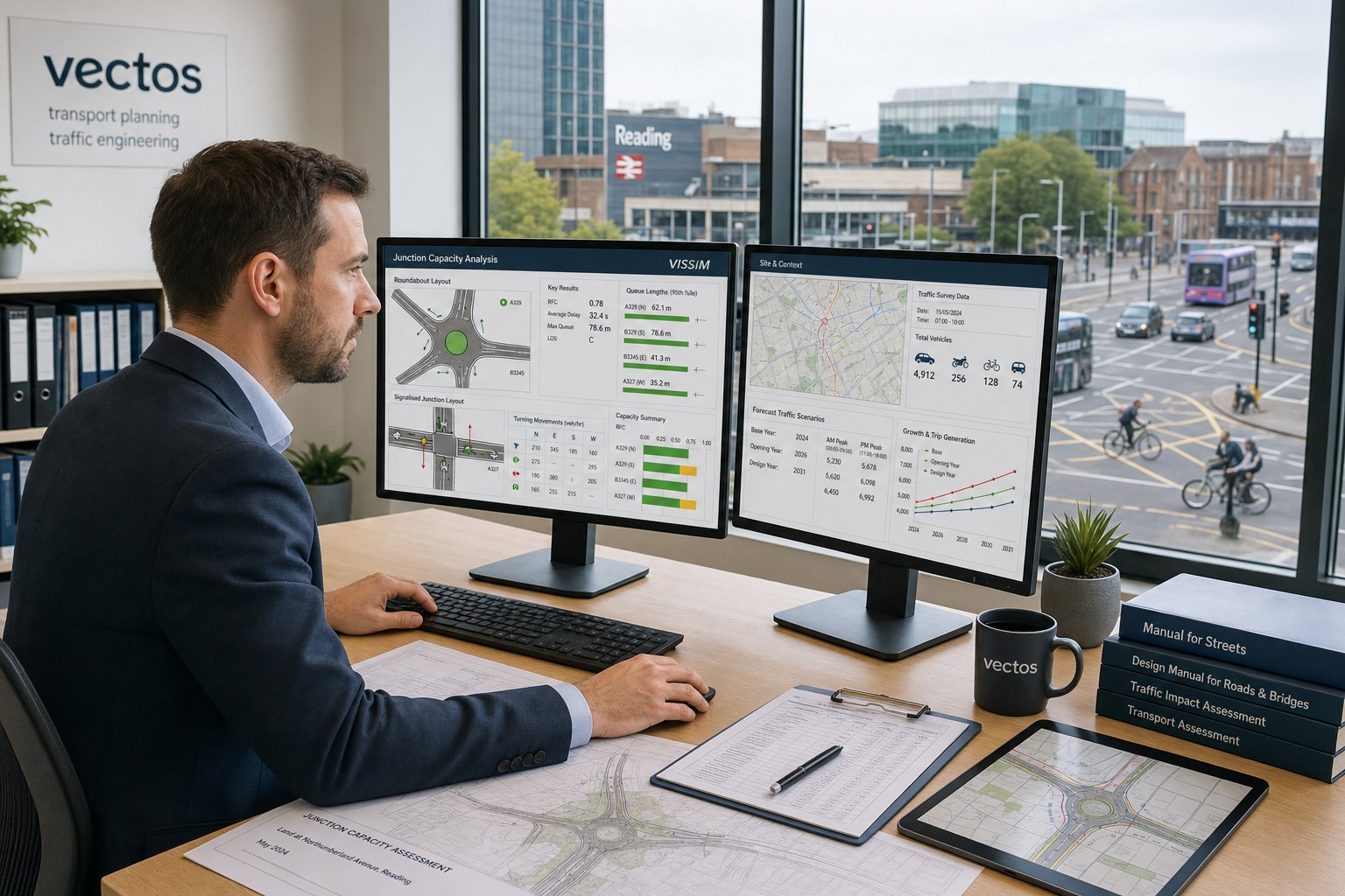 Traffic engineer analysing junction capacity data in a modern UK office.