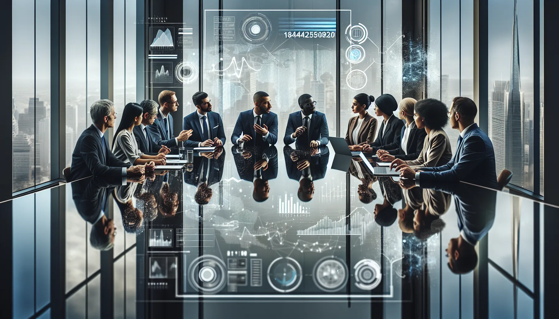 diverse professionals discussing technology in a modern conference room.