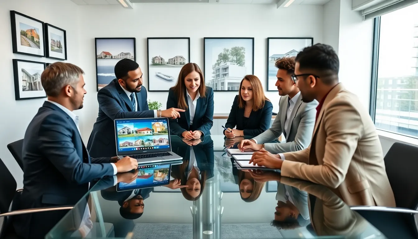 diverse real estate team collaborating in a modern office setting.