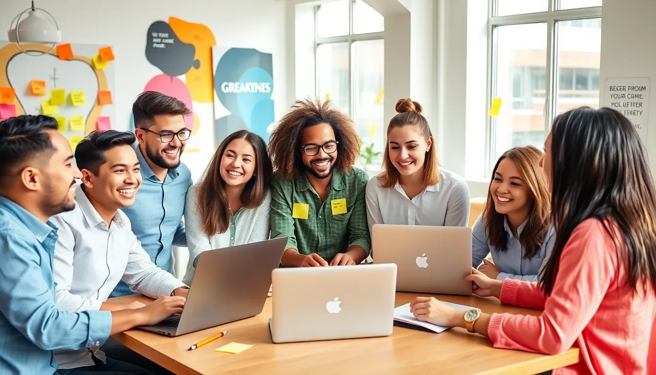 diverse team collaborating in a modern workspace.