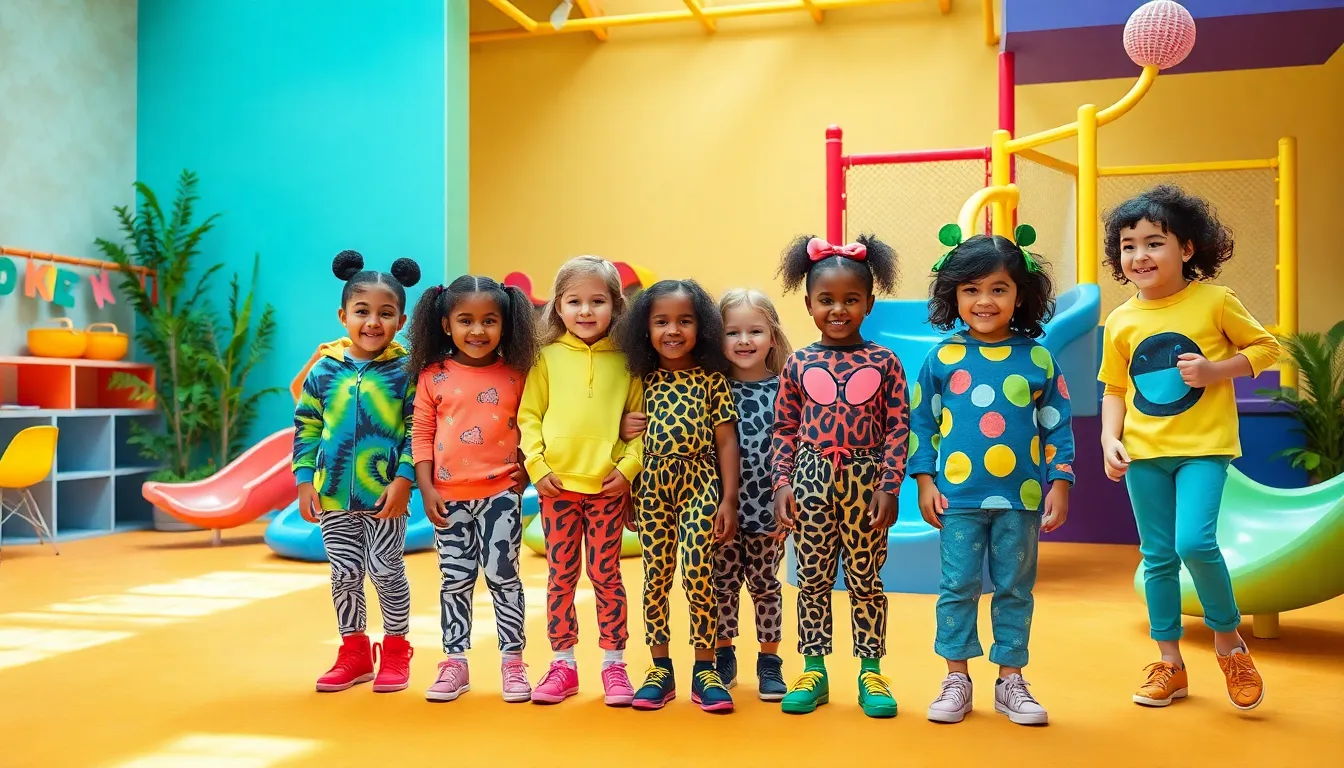 diverse kids showcasing vibrant fashion trends in a playful setting.