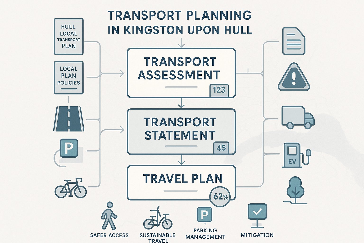 Infographic comparing Transport Assessment, Transport Statement, and Travel Plan in Hull.