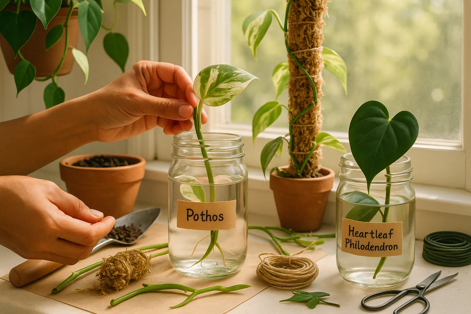 Hands placing a pothos cutting into a labeled jar on a sunny windowsill.