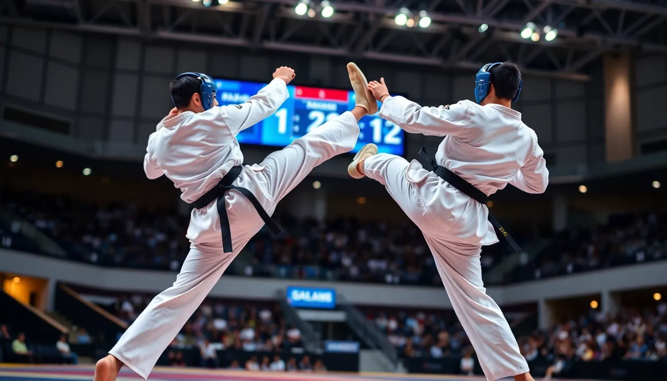 two taekwondo athletes competing in an indoor arena.