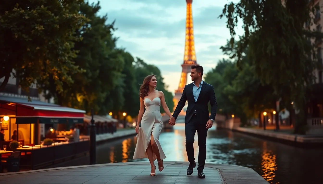 couple walking by the Seine River in Paris at sunset.