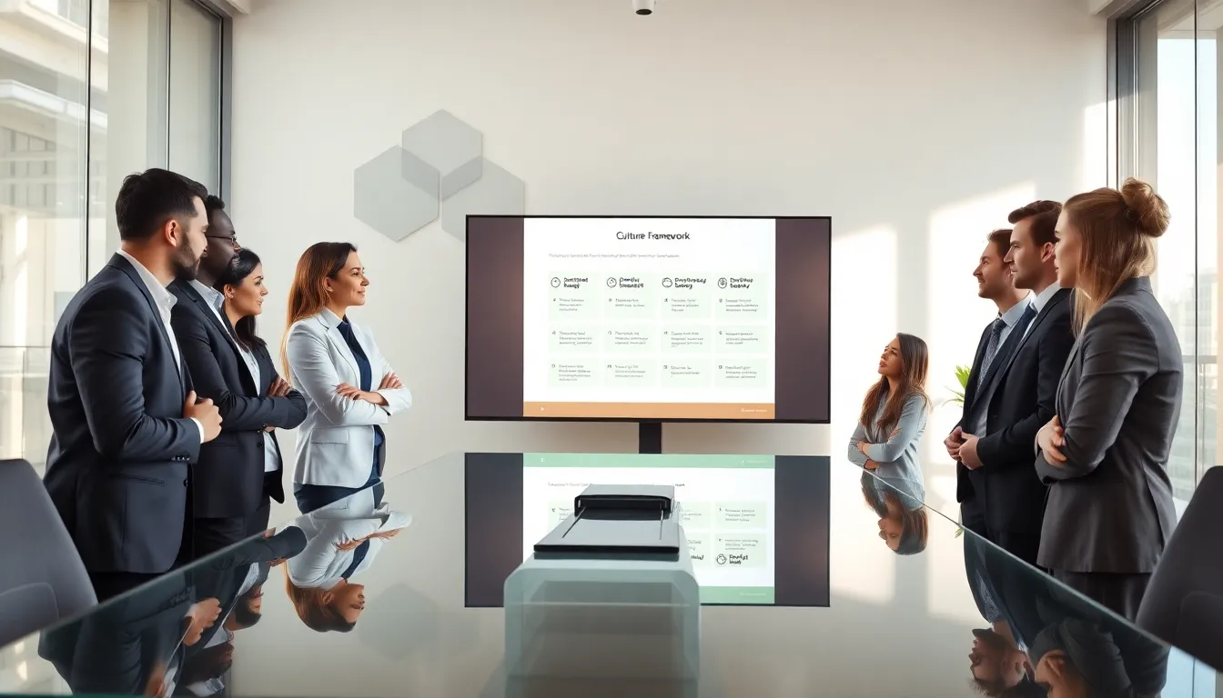 diverse team discussing a culture framework in a modern office.