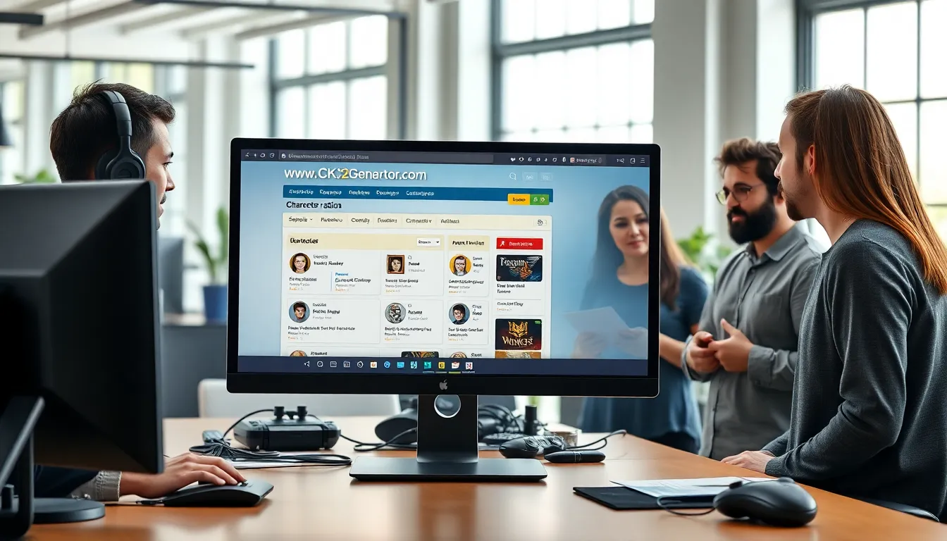 gamers collaborating over a computer displaying CK2Generator website.