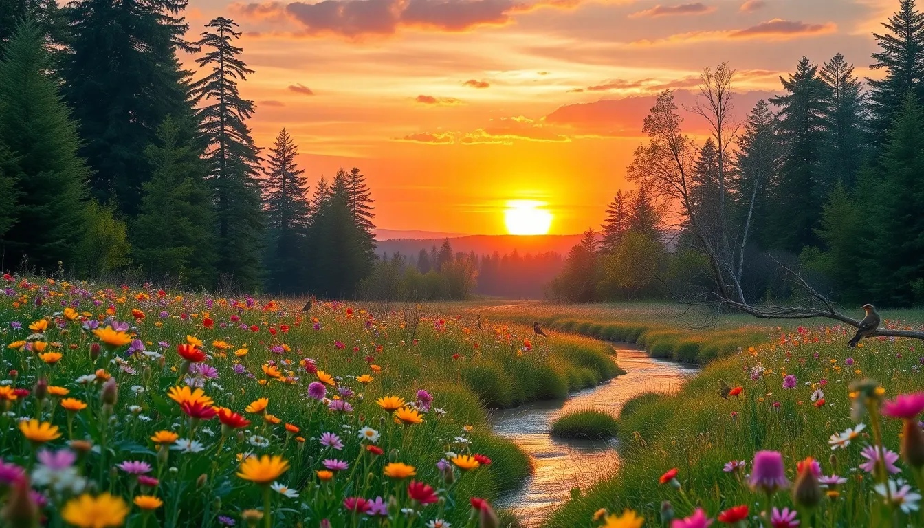a vibrant wildflower meadow under a colorful sunset.