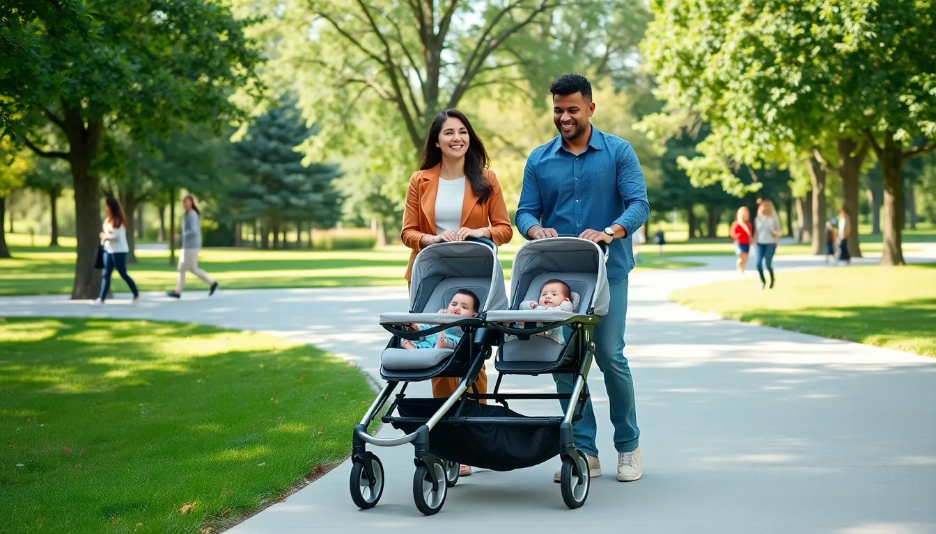 Family using a modern twin stroller in a sunny park.