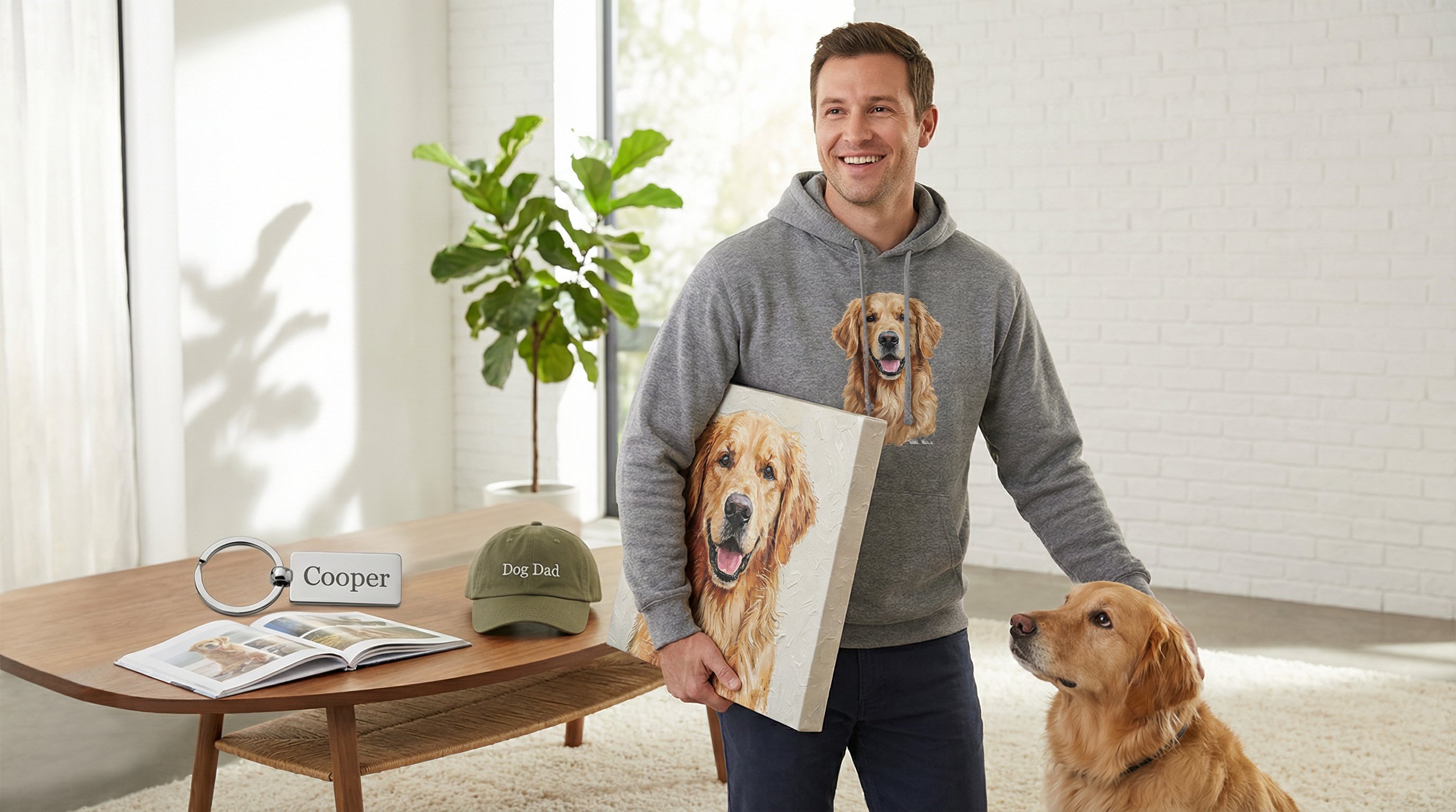 Man wearing a custom dog-portrait hoodie surrounded by personalized dog dad gifts.