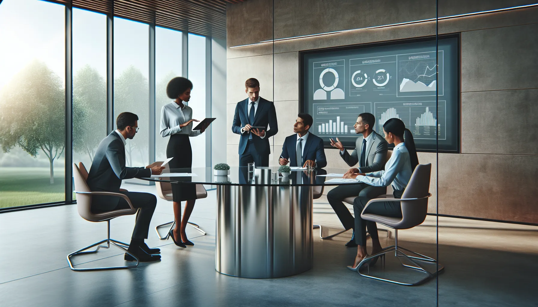 diverse professionals discussing business identification in a modern conference room.