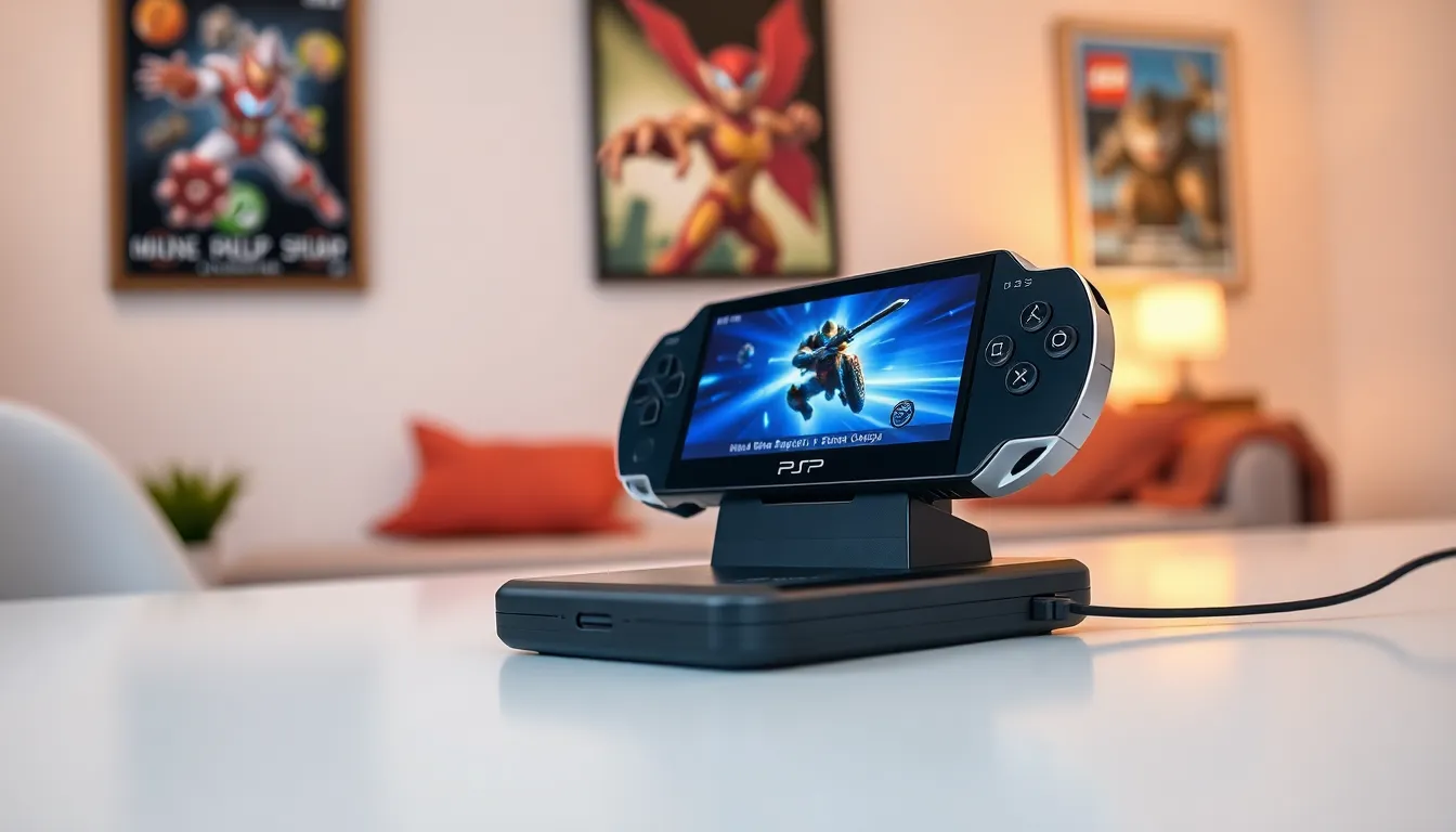 PSP console and portable charger on a modern desk.