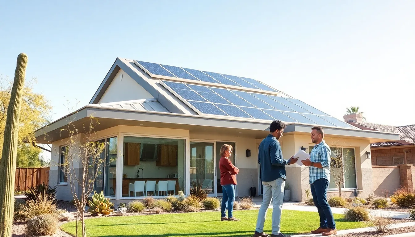 modern energy-efficient home in Phoenix with diverse professionals collaborating.