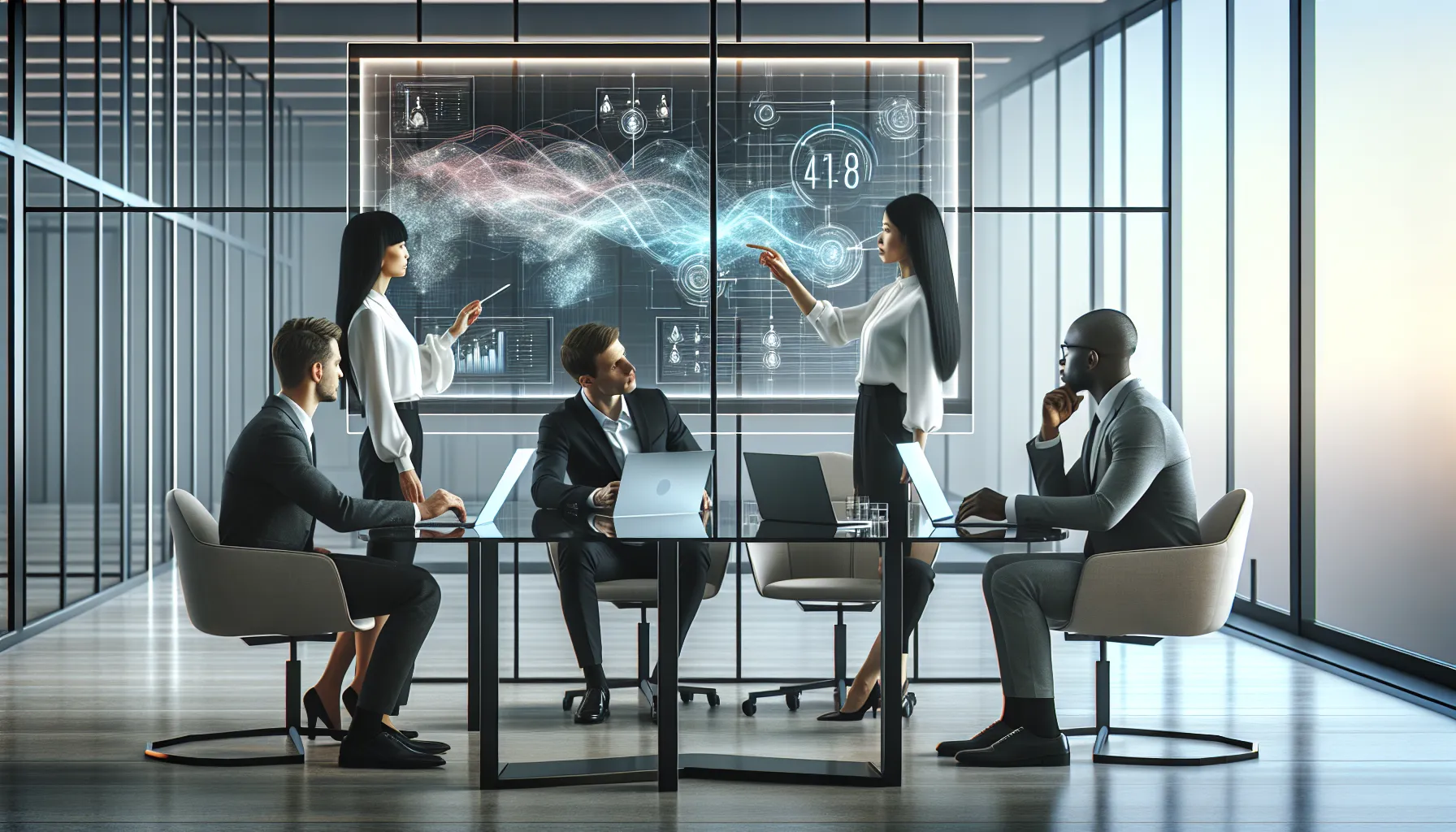 diverse team analyzing data in a modern office.