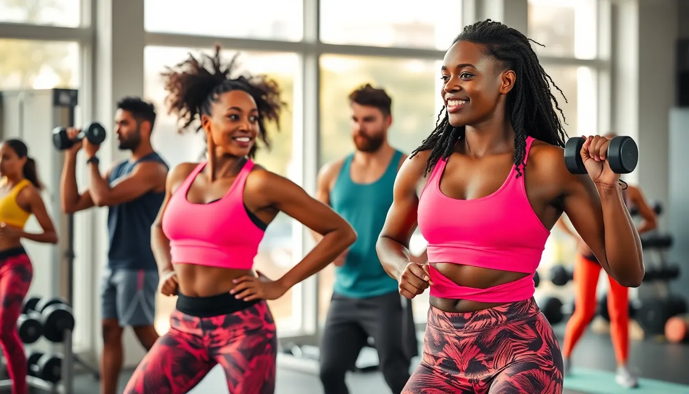 diverse group exercising in stylish fitness attire at a modern gym.
