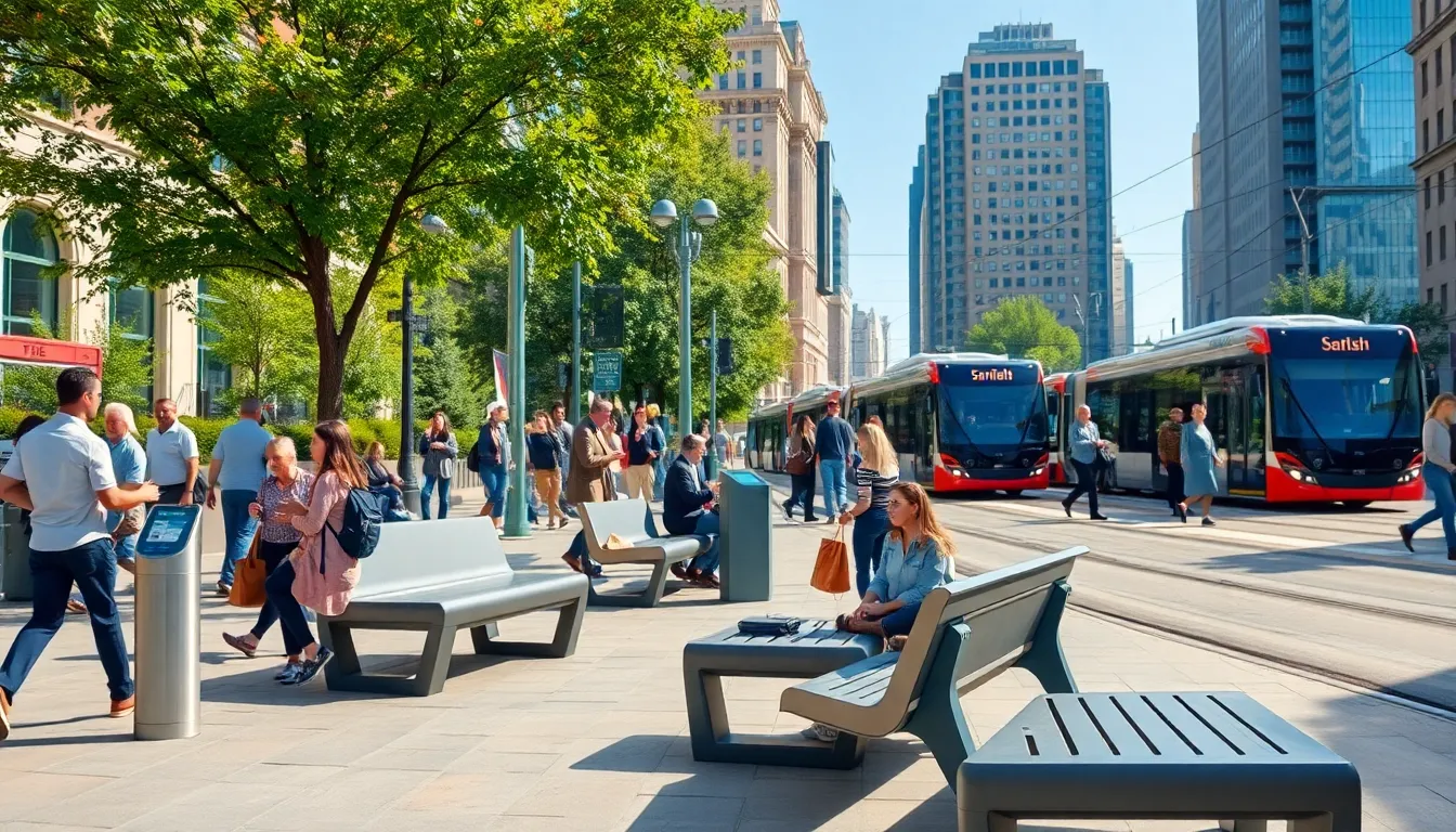 modern urban setting with smart street furniture and public transport.