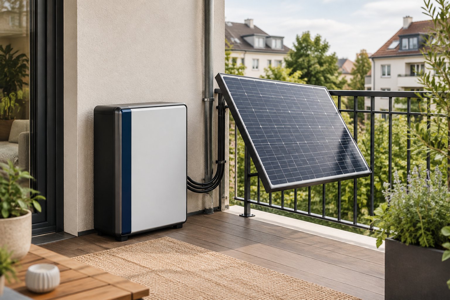 LiFePO4-Batteriespeicher neben einem Solarmodul an einem Wohnungsbalkon