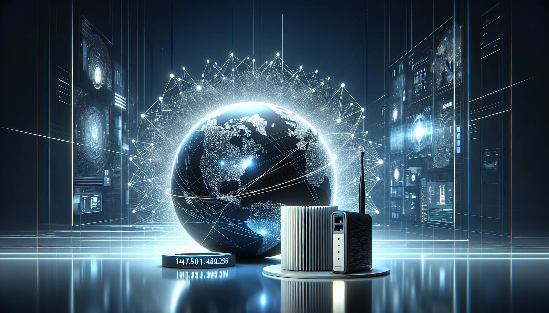 Illustration comparing public and private IP addresses with a globe and home network.