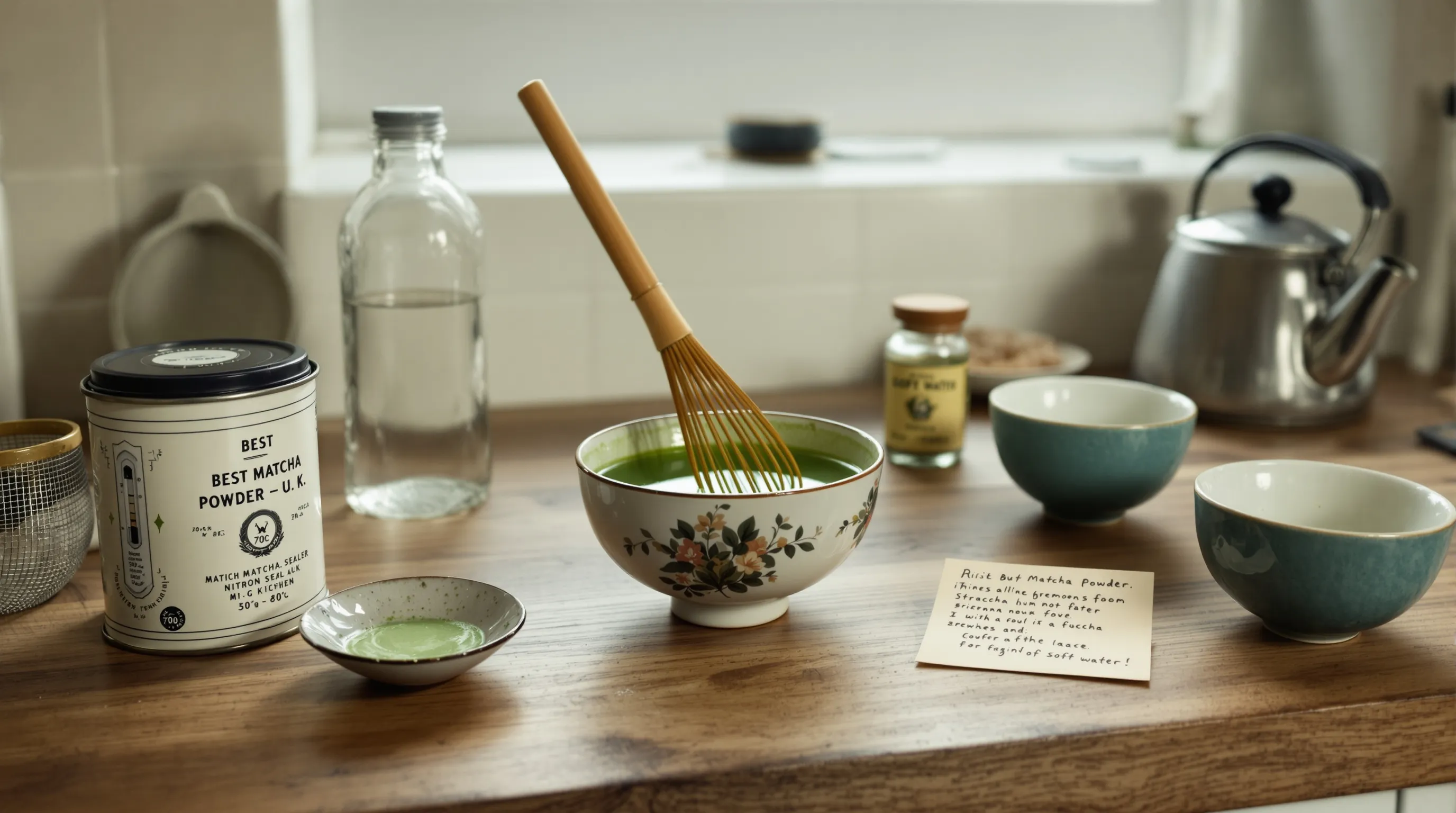 Bamboo whisk frothing matcha in a vintage British kitchen with tools.