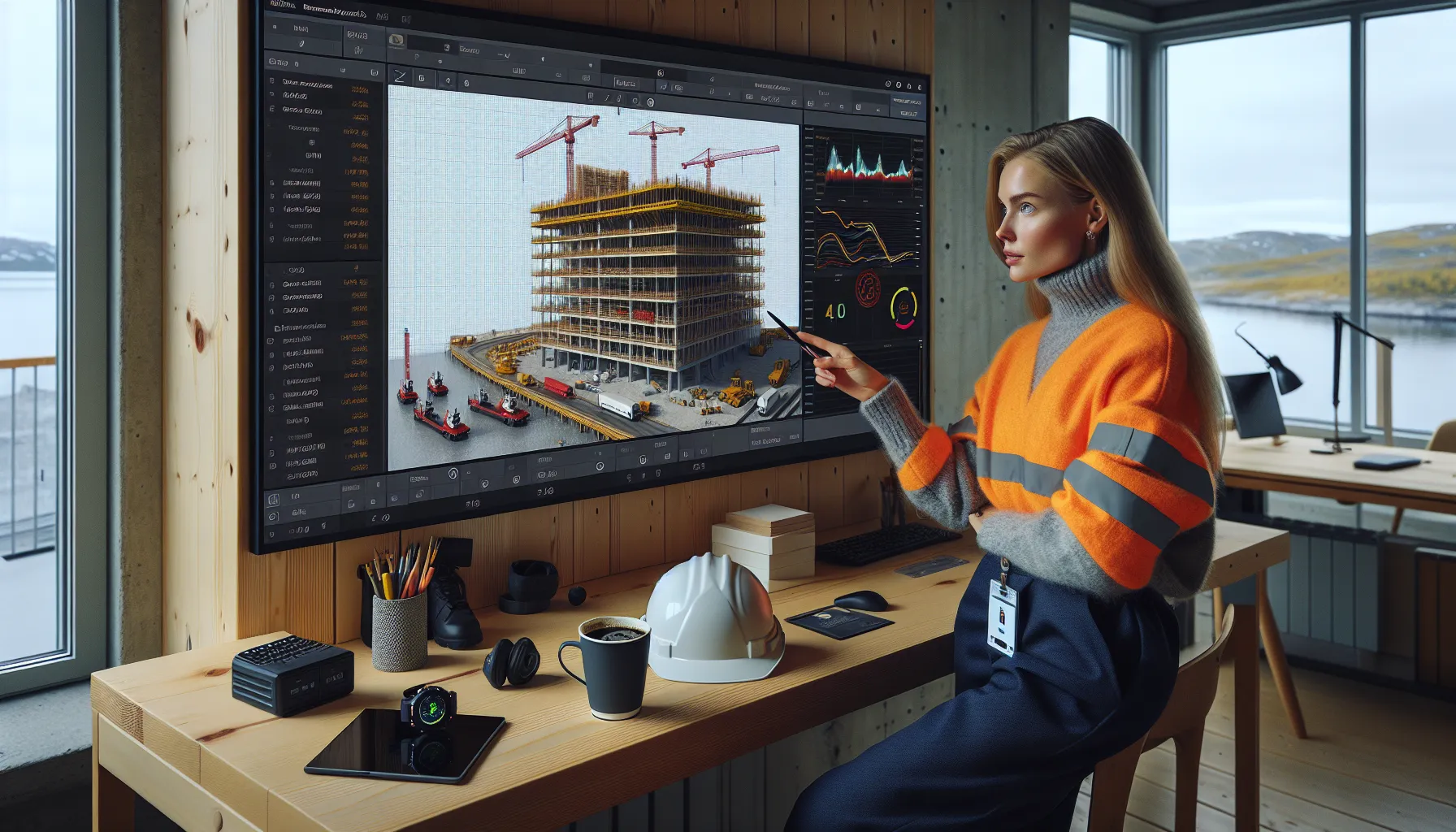 Hvordan bruke dataanalyse for å forbedre byggeprosesser 3 Norwegian project manager reviews bim dashboards to improve construction scheduling and safety.