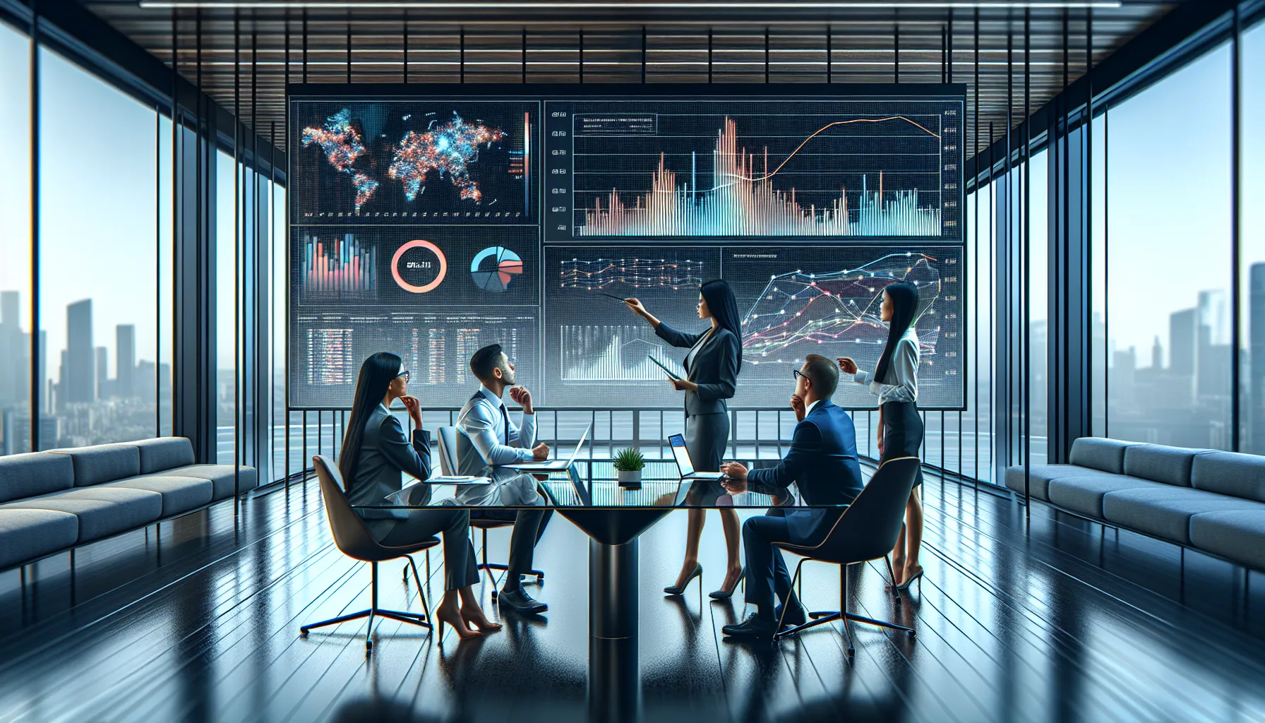 professional analysts visualizing data trends in a modern office.