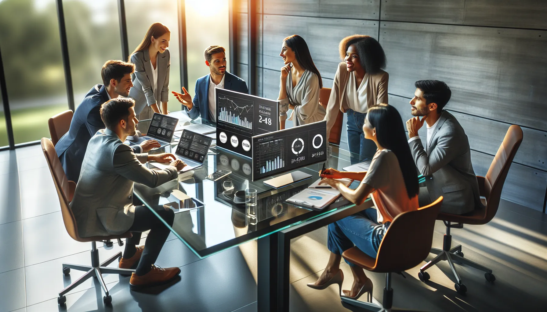 diverse team discussing business strategy in a modern office.