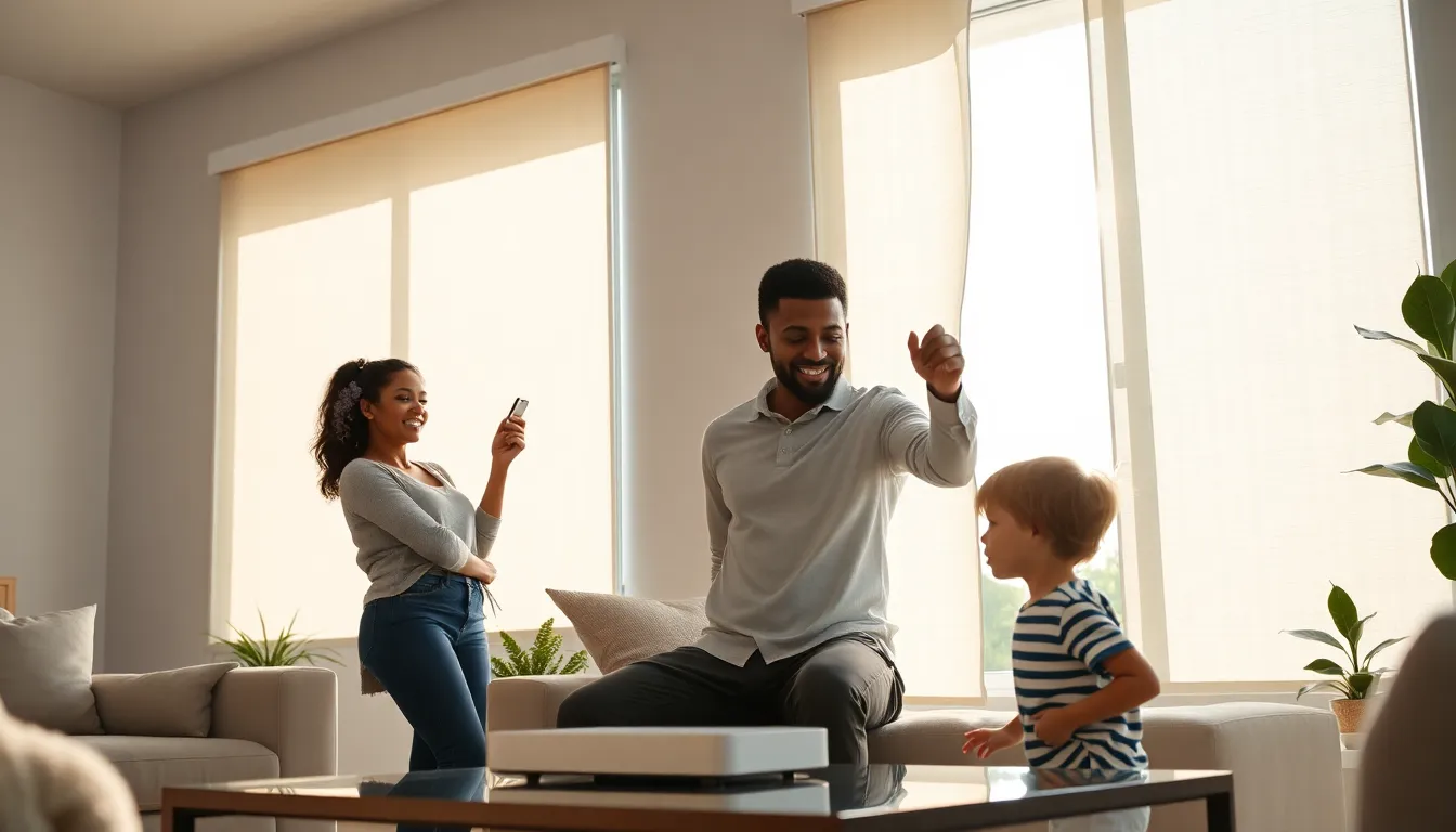 A family controls smart blinds in a stylish living room.