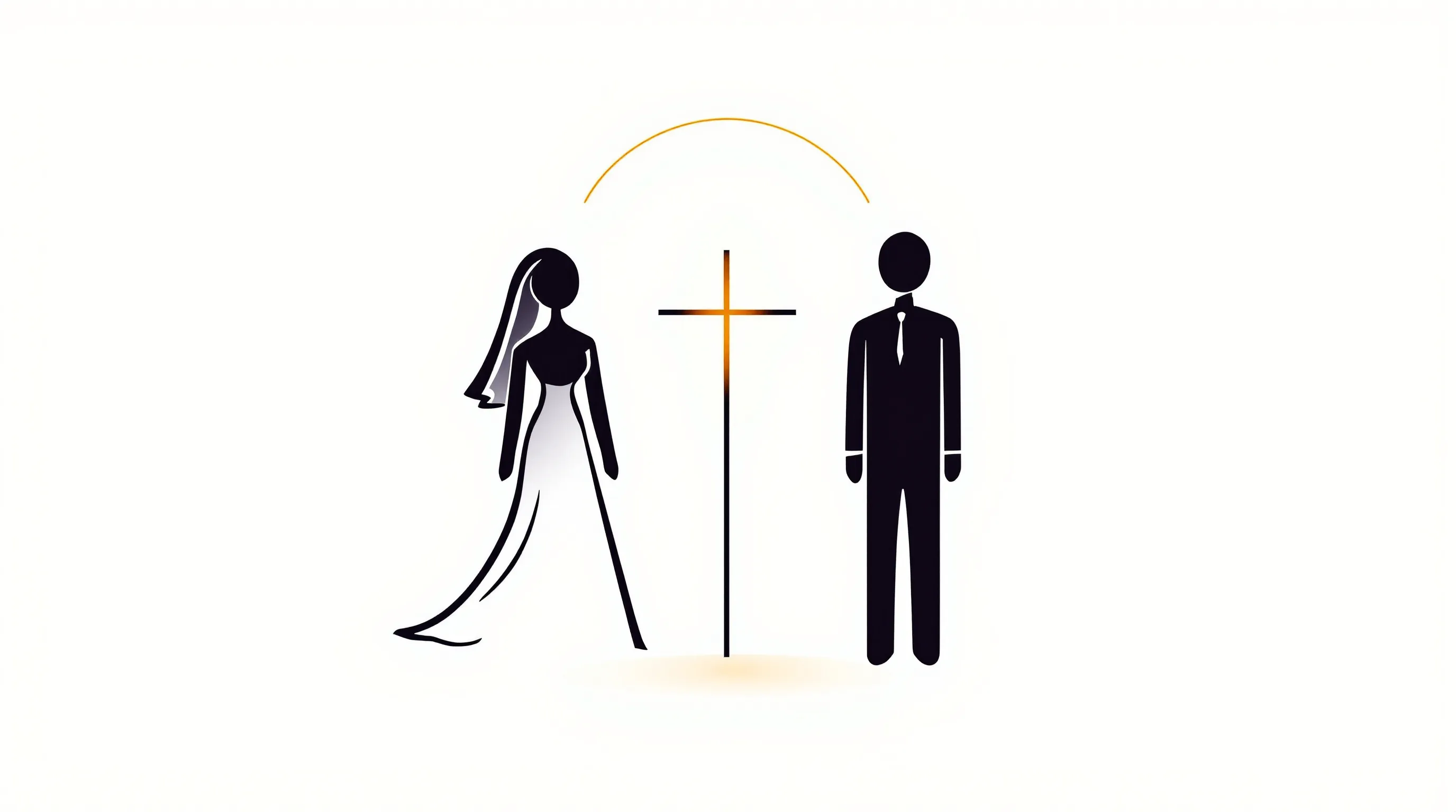 Two minimalist silhouettes beside a glowing cross symbolizing Christian wedding blessing and friendship.