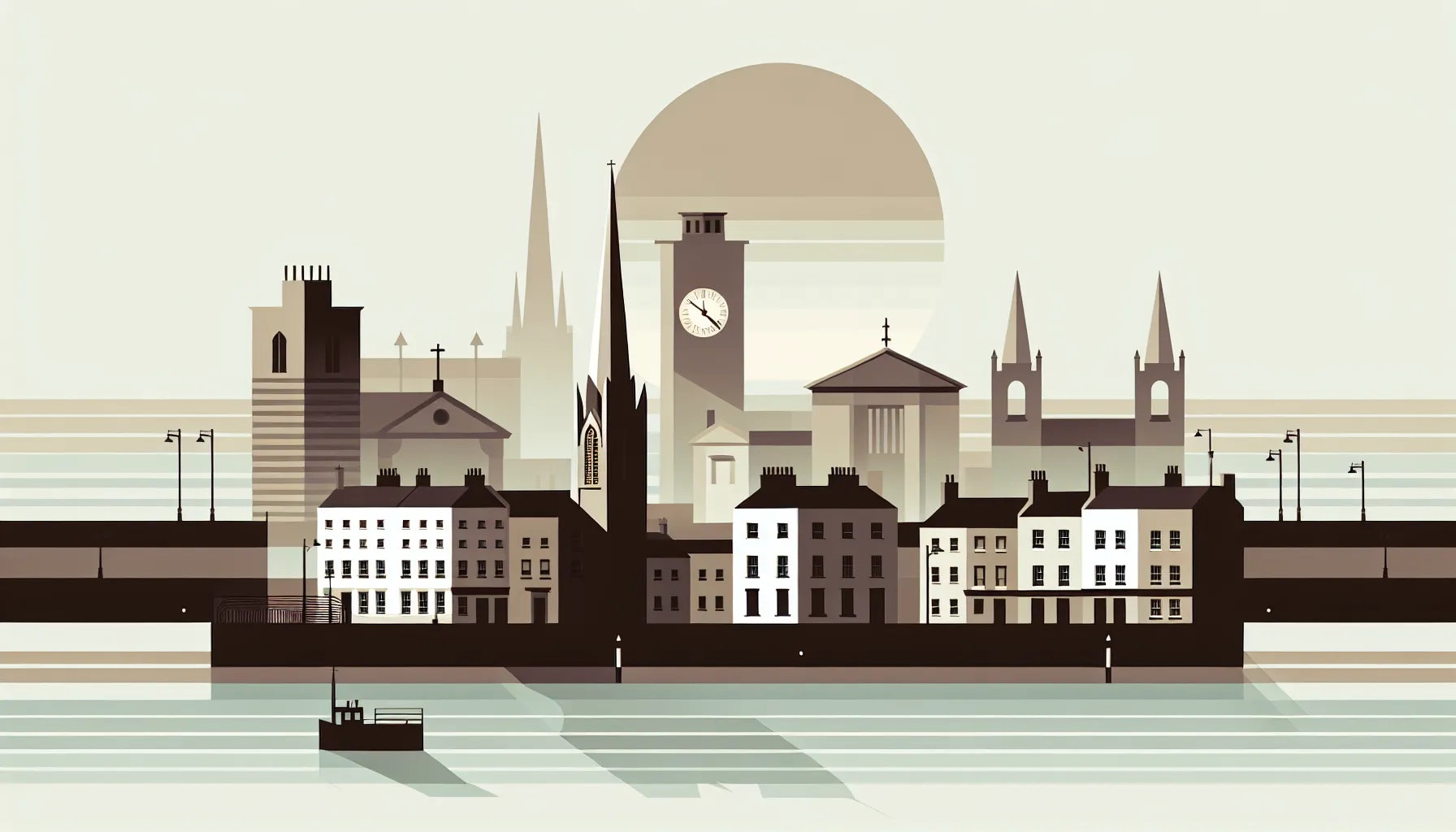 Minimalist Dublin cityscape with clock showing morning time in 1904