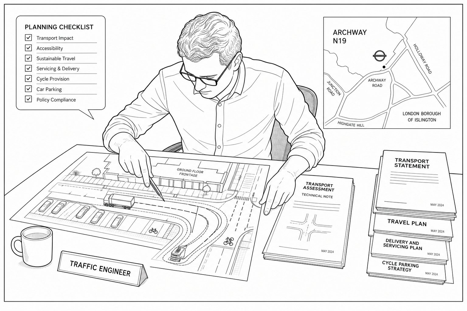 Traffic engineer reviewing site plans and transport documents for a planning application.