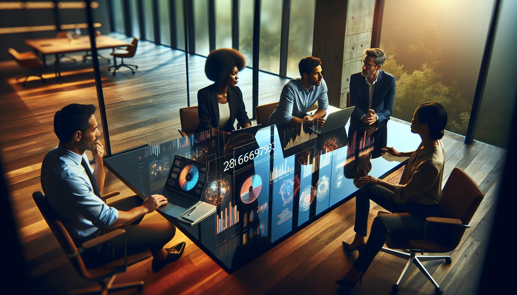 diverse professionals discussing data analysis in a modern office.