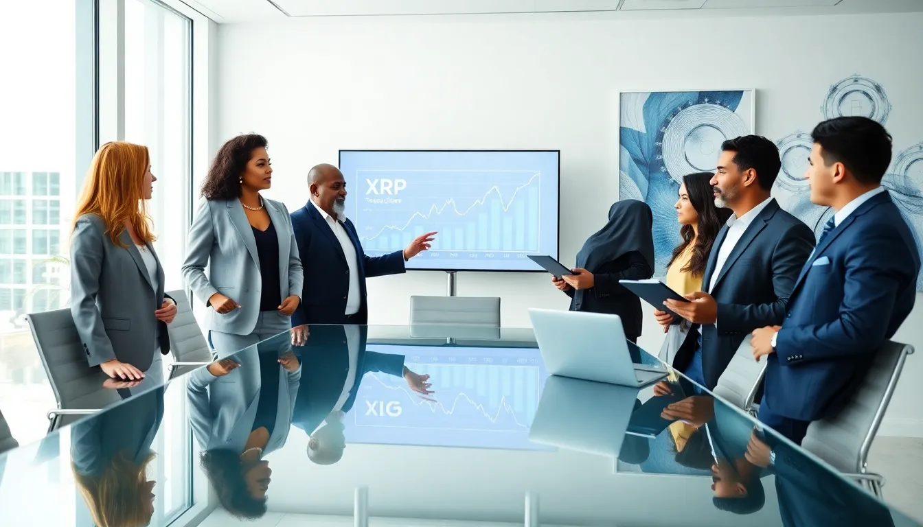 diverse team discussing cryptocurrency in a modern office.