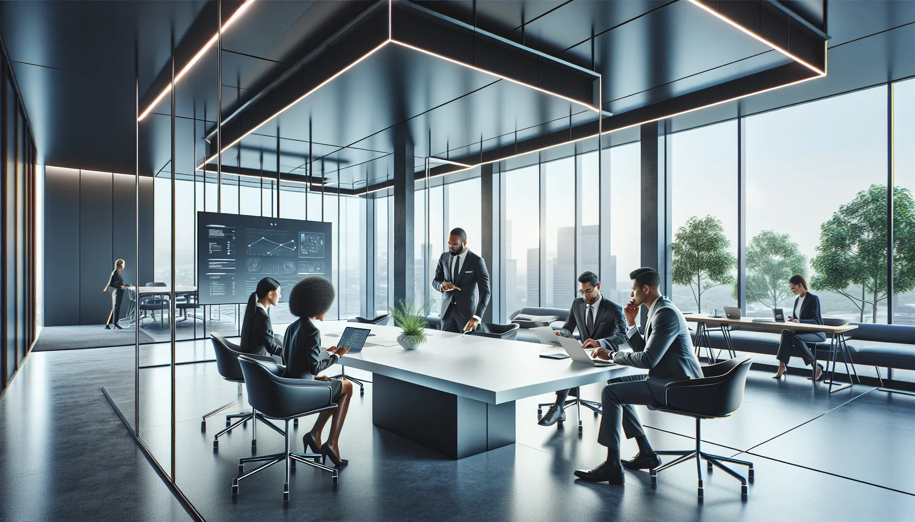 diverse team collaborating on a digital solution in a modern office.