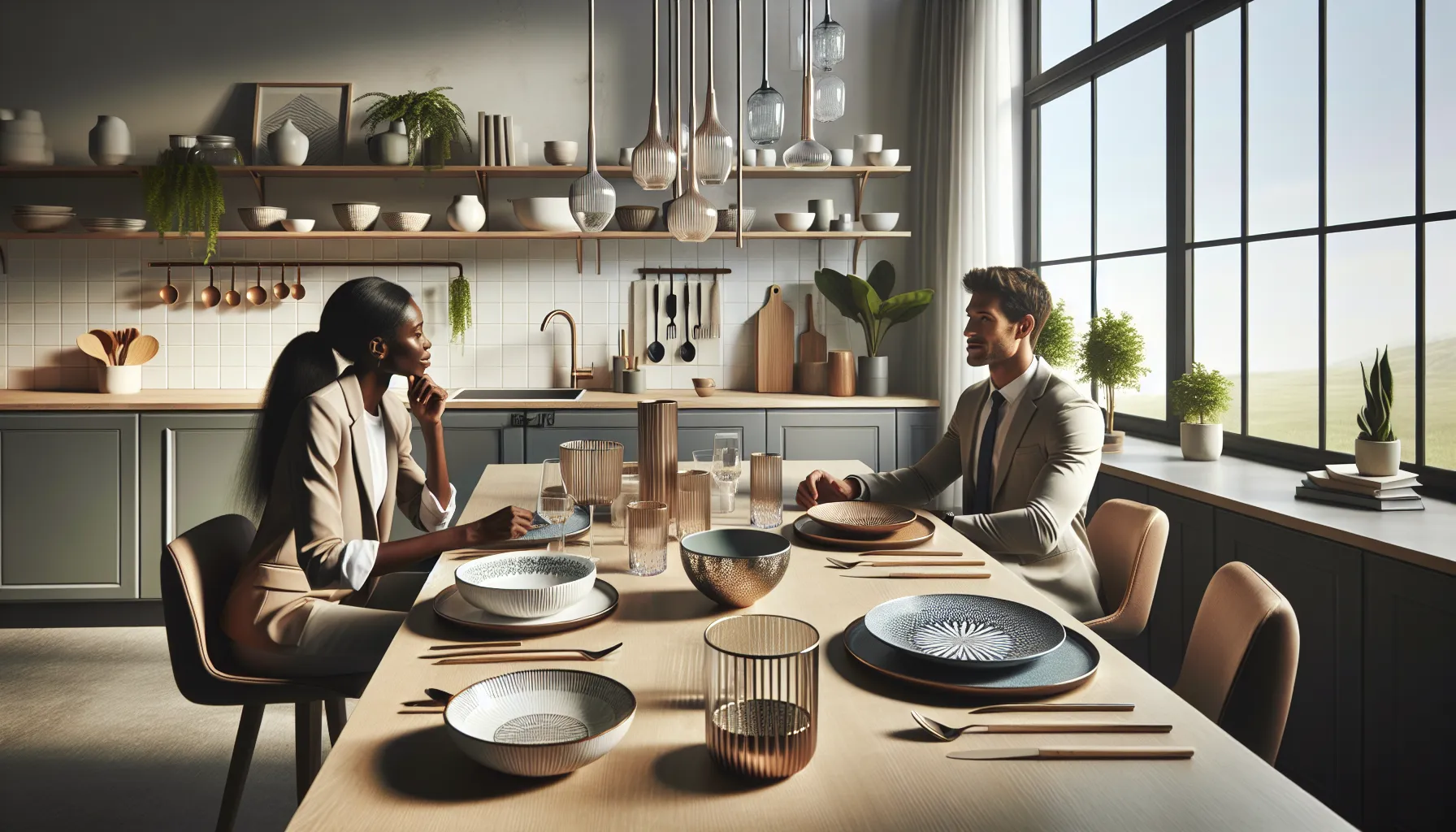 diverse professionals discussing stylish alternatives to melamine dinnerware.
