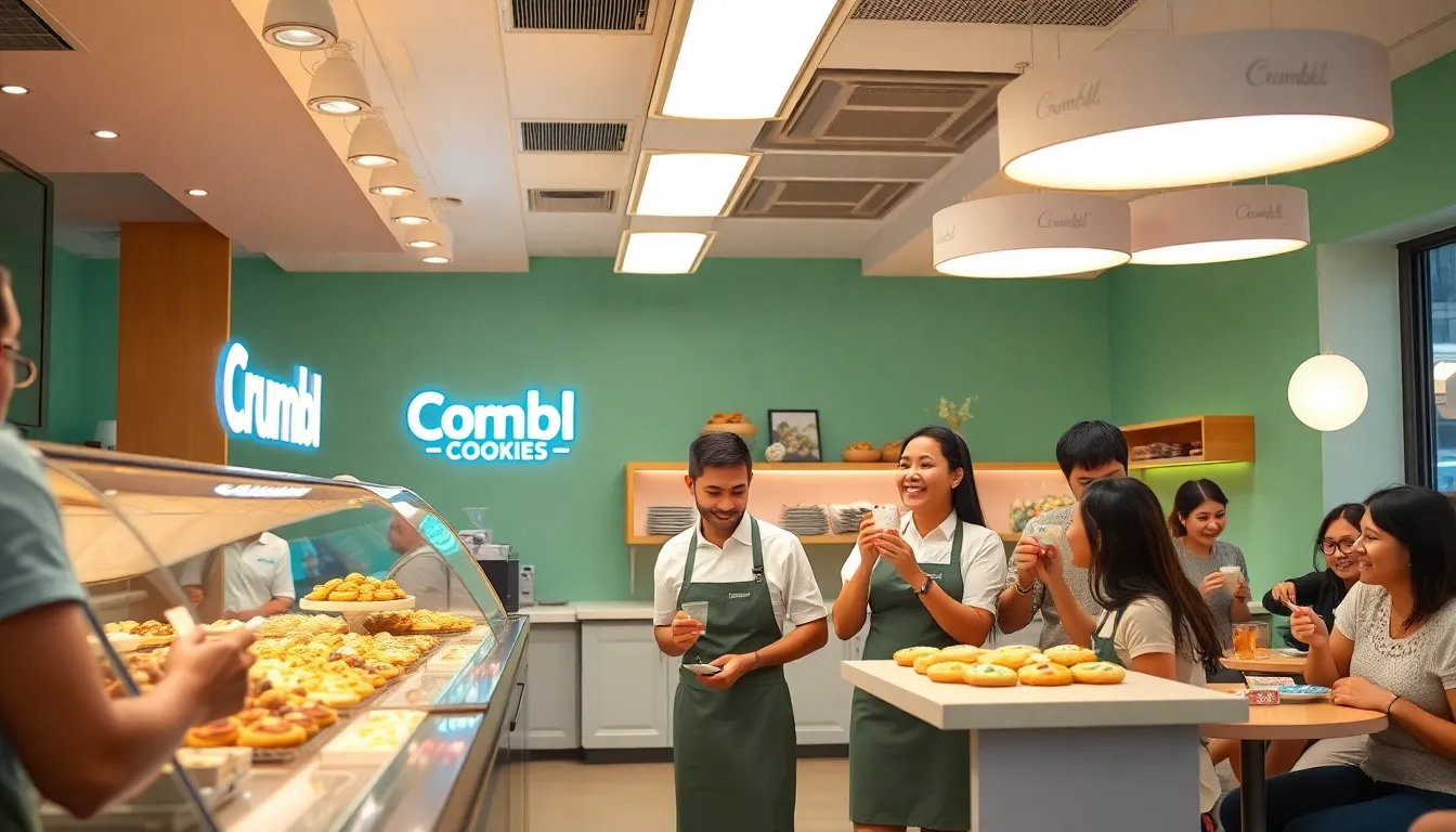 customers enjoying diverse cookies in a welcoming Crumbl Cookies shop.