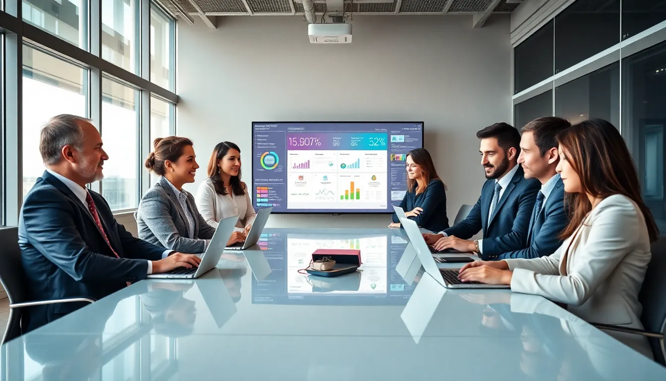 diverse team discussing Biszoxtall software in a modern office.