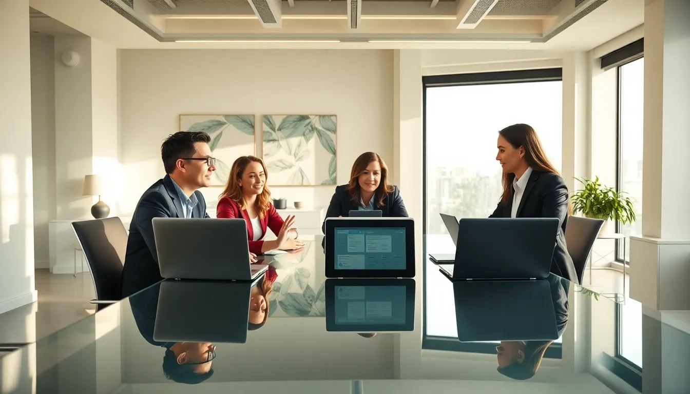diverse professionals collaborating in a modern office over a digital platform.