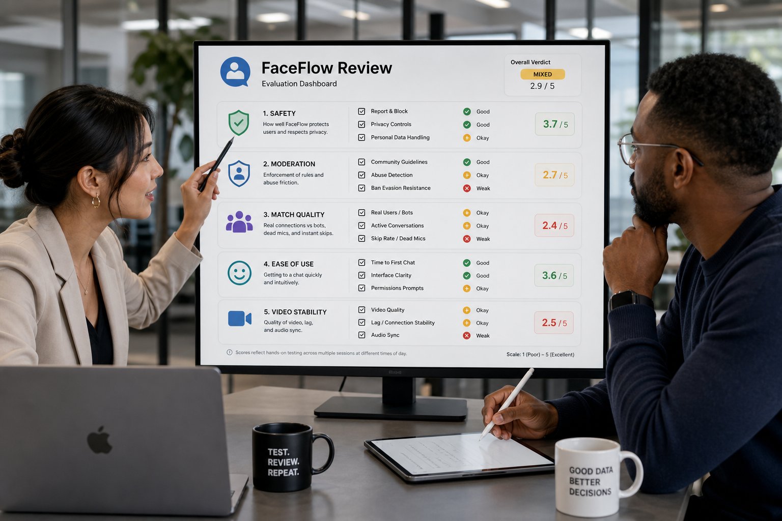 Two professionals reviewing FaceFlow safety and usability on a checklist dashboard.