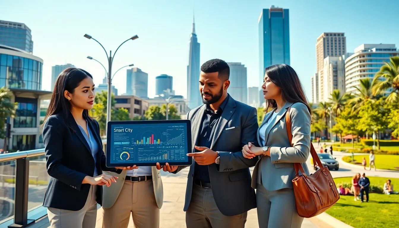professionals collaborating on smart city technology in an urban setting.