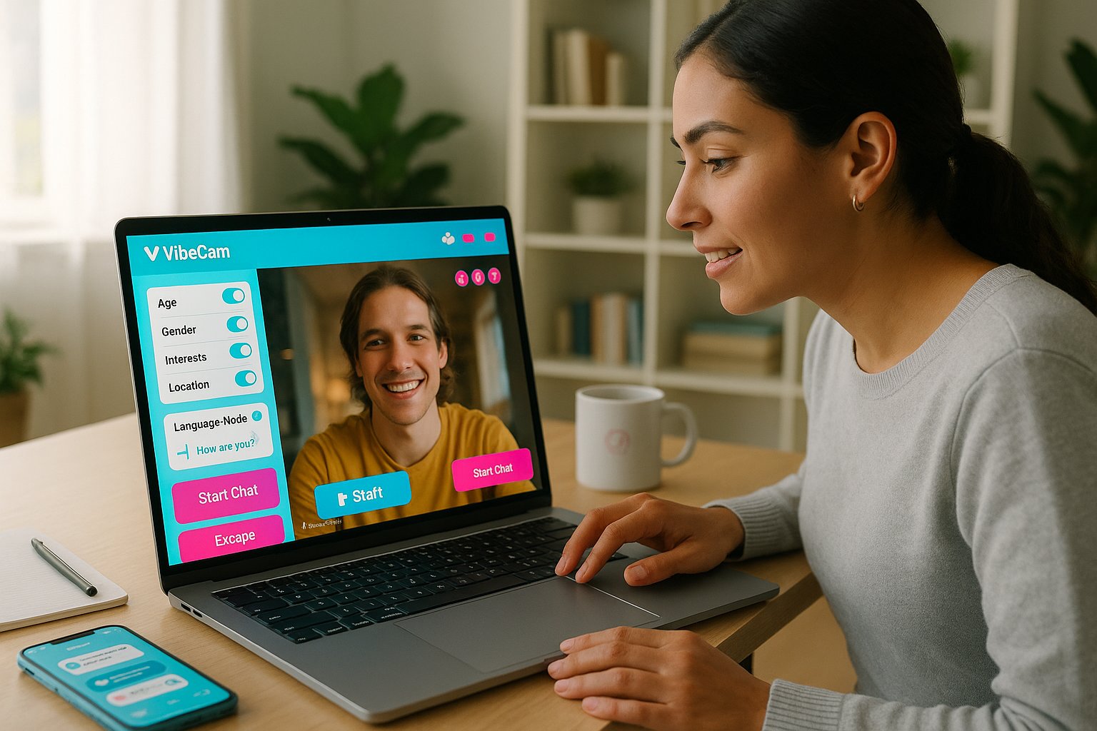Person at laptop using VibeCam videollamada with visible filters and controls.