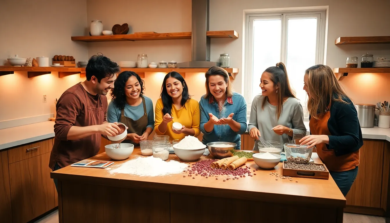 friends baking cookies in a cozy kitchen.