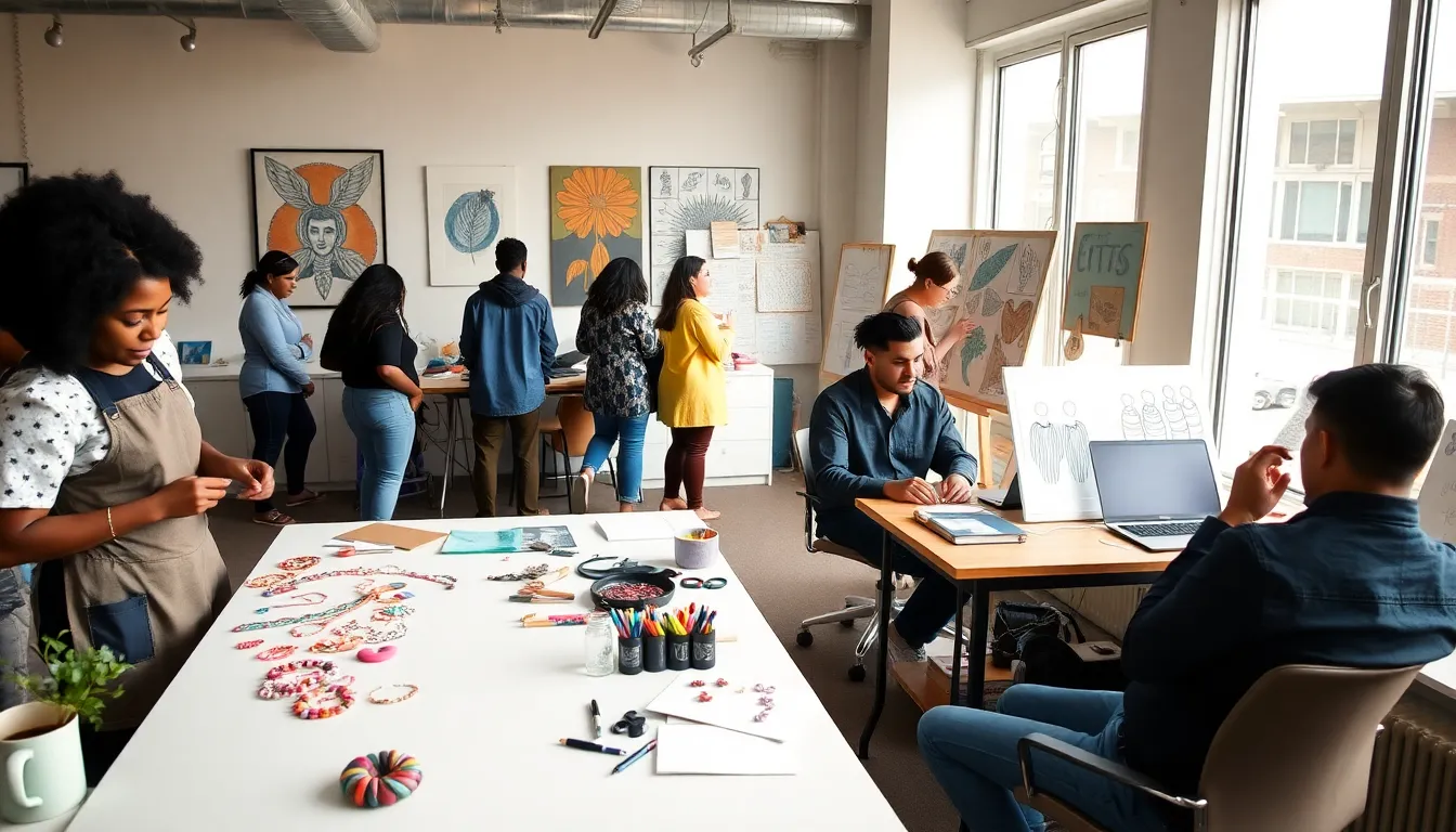 artisans collaborating in a modern workspace for Etsy side hustles.