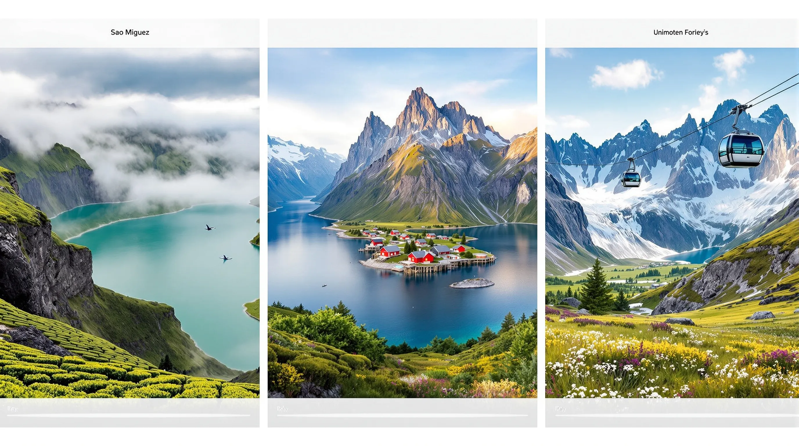 Triptych of Azores, Lofoten, and Dolomites landscapes for 2025 Europe travel.