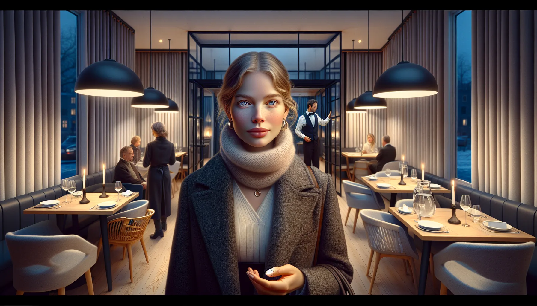 Hvordan velge riktig restaurant for en spesiell anledning 2 Woman evaluates seating options in a cozy norwegian restaurant at blue hour.