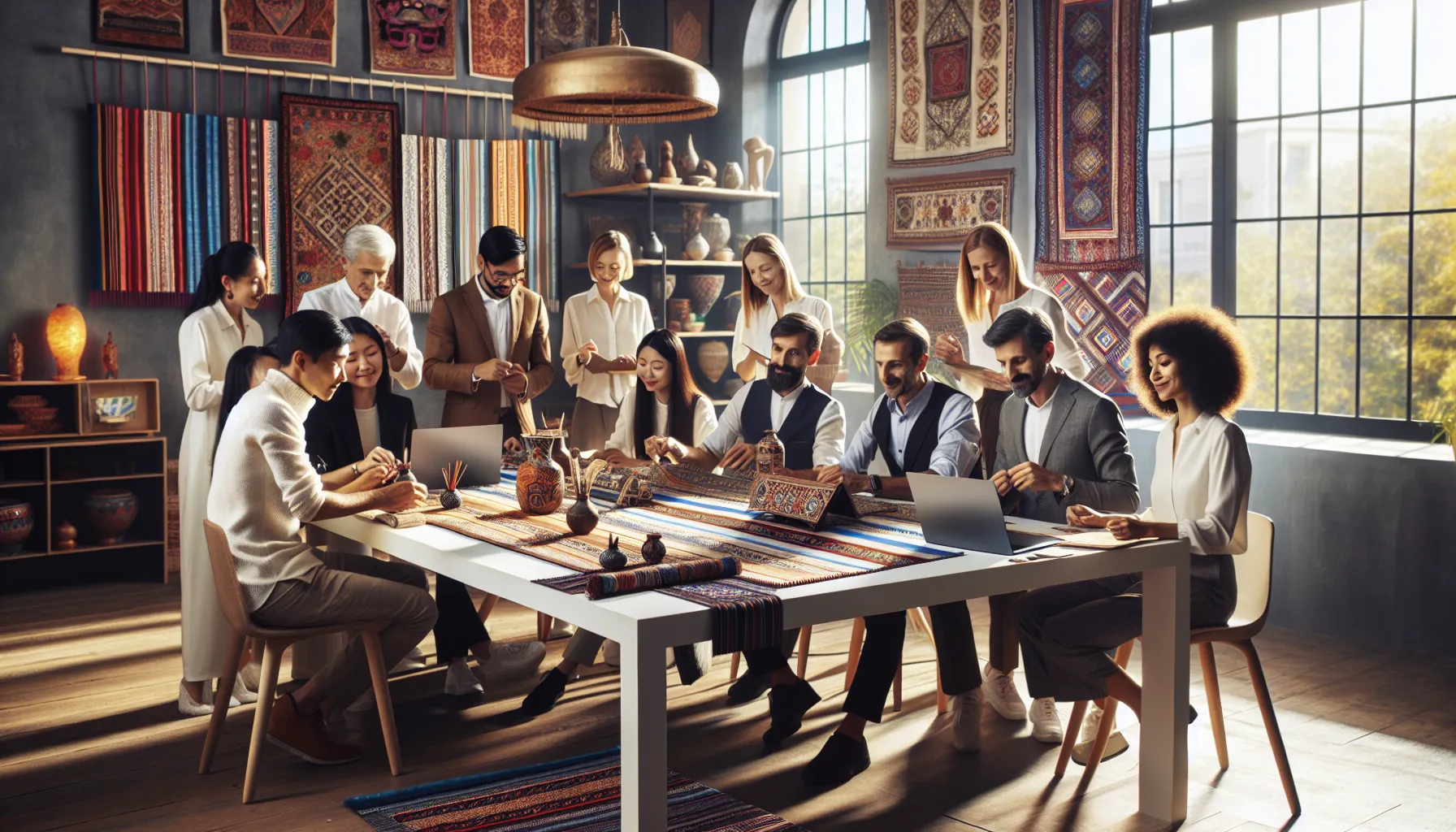 diverse professionals celebrating cultural heritage in a vibrant workshop.