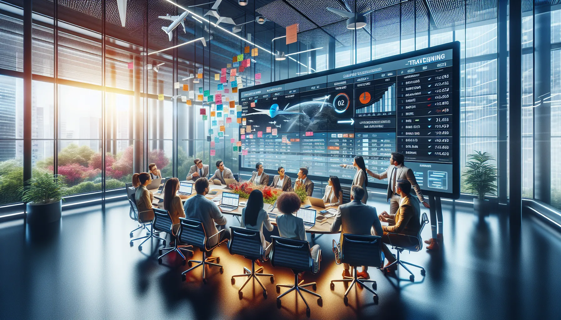 diverse travel team discussing Ttweakflight platform in a modern office.